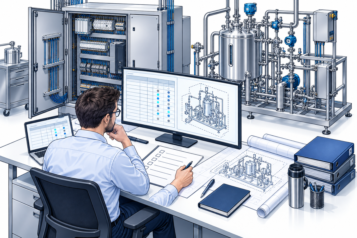 Ingenieros farmacéuticos definen requisitos junto a un armario de automatización