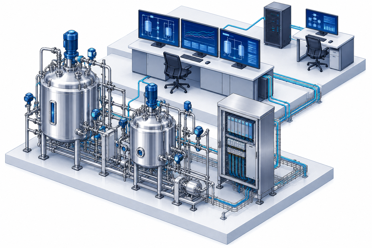 Arquitectura de automatización con equipos de proceso y sistemas de control farmacéutico