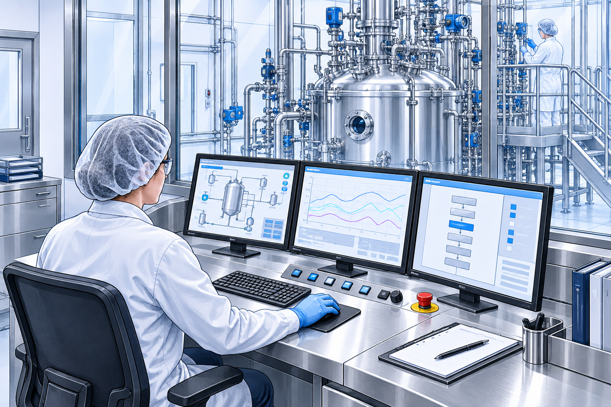 Operador ante una estación SCADA y HMI de un proceso farmacéutico