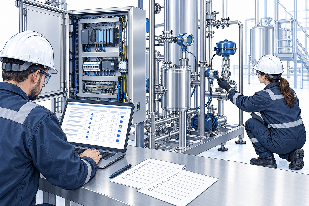 Ingenieros verifican funciones de automatización farmacéutica en un banco de pruebas