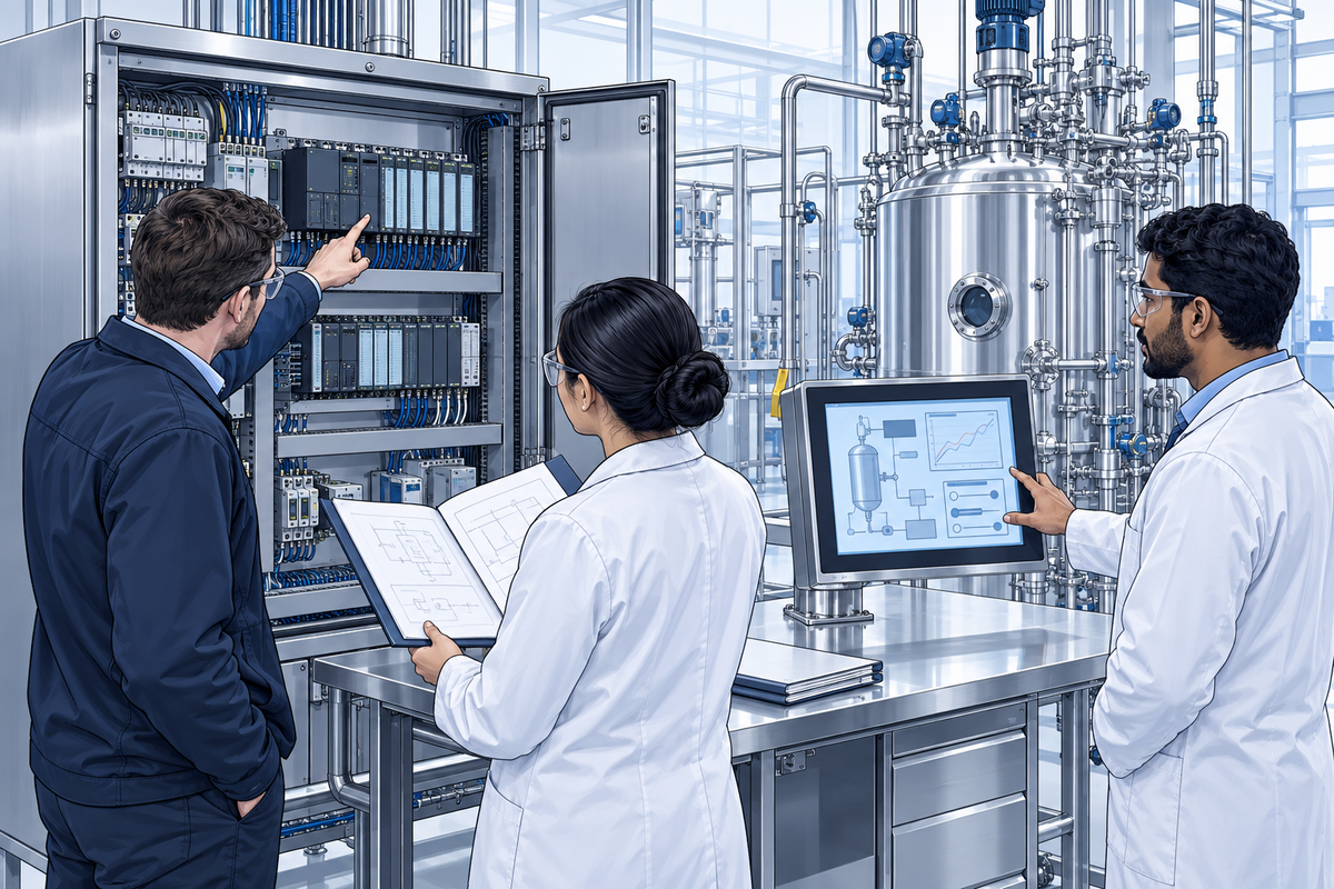 Ingénieurs pharmaceutiques évaluant le système d’automatisation d’un fournisseur sur un banc technique