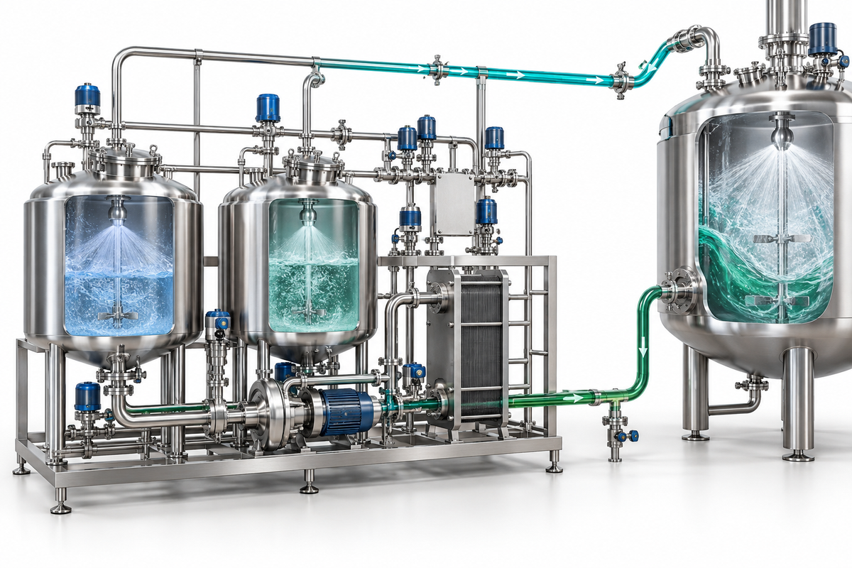 Pharmazeutisches CIP-Skid mit Vorlauf- und Rücklaufleitungen zu einem Edelstahlbehälter