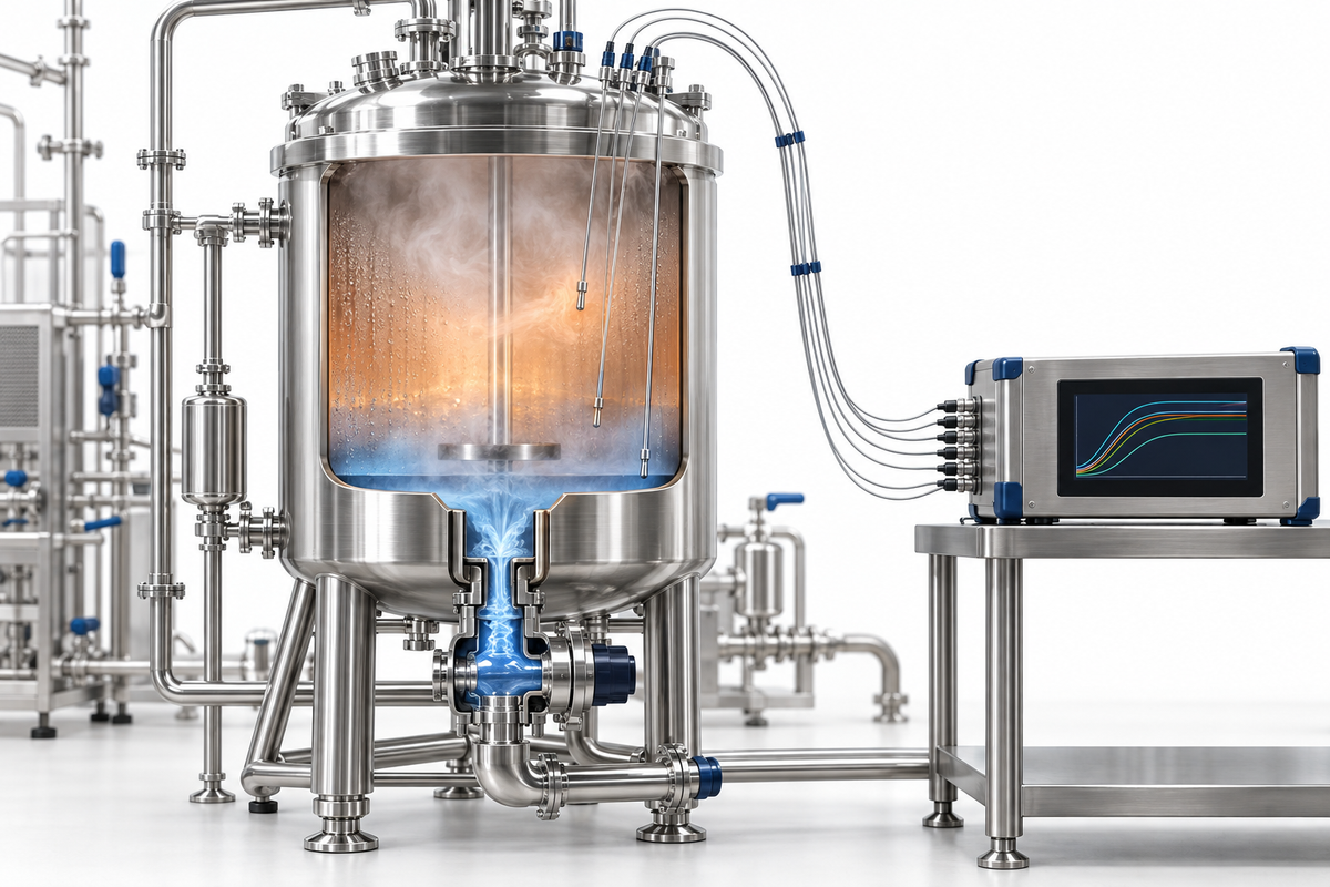 SIP-Behälter und Ventilbaugruppe mit Temperatursonden für eine Qualifizierungsstudie