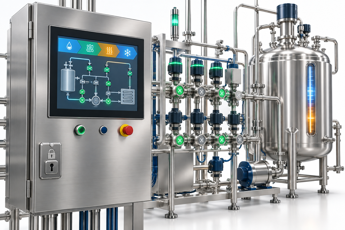 CIP- und SIP-Bedienpanel neben hygienischen Ventilen und Prozessinstrumentierung
