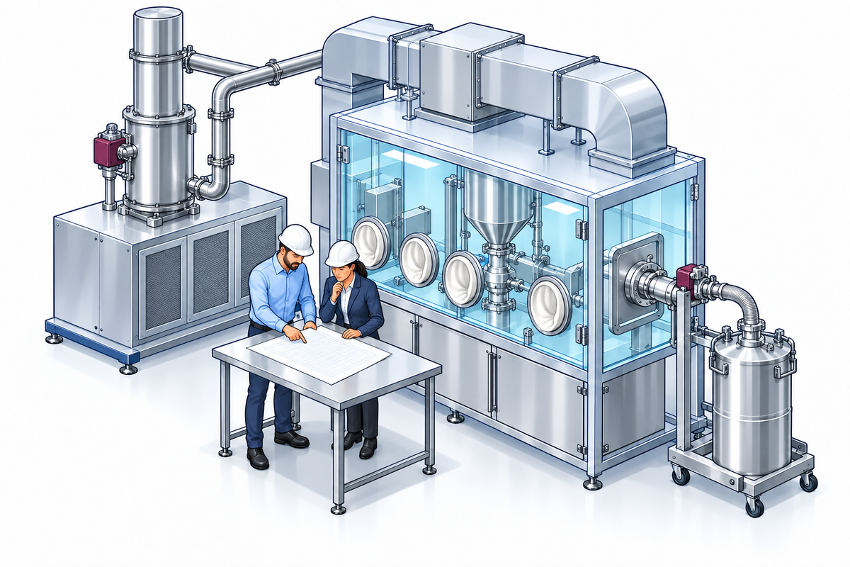 Engineers reviewing containment requirements beside a closed pharmaceutical isolator