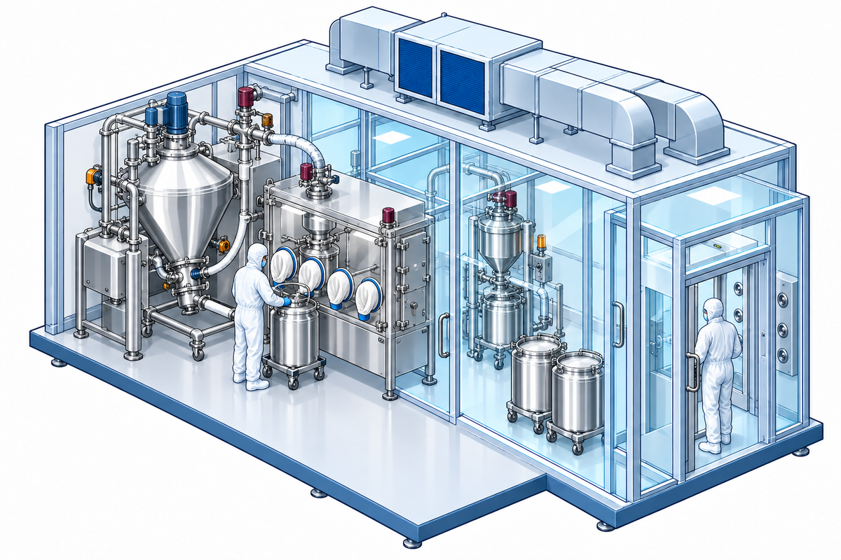 Pharmaceutical containment equipment and controlled facility interfaces in an isometric layout