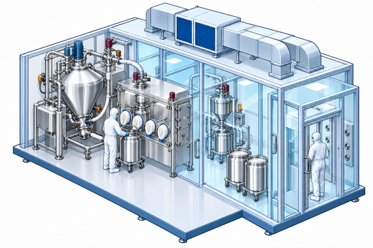 Illustrazione tecnica della strategia di contenimento per sostanze farmaceutiche ad alta attività.