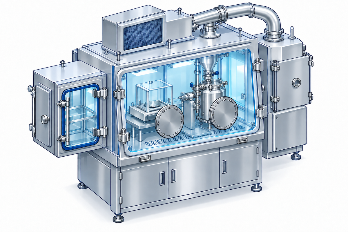 Stainless steel containment isolator with sealed glove-port covers and exhaust housing
