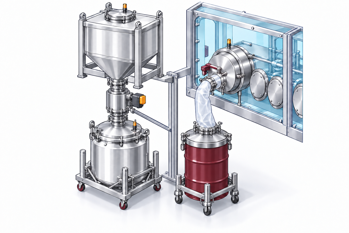Closed powder transfer valve and sealed liner connection between equipment and receiving drums