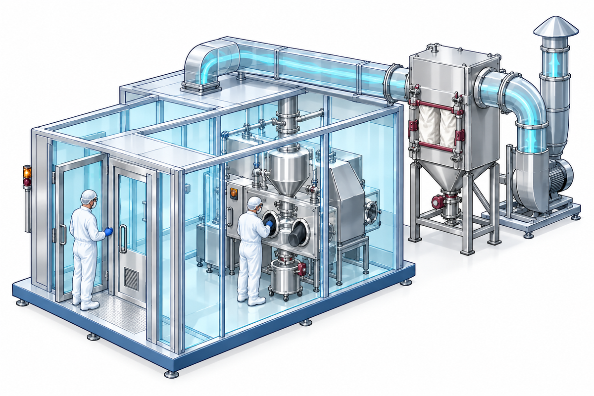 Containment isolator connected to room ventilation, extraction ductwork and filtration