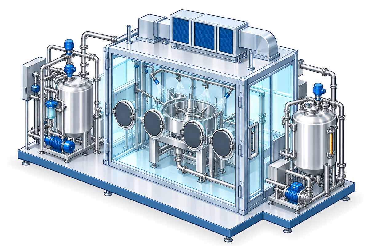 Cleaning arrangement inside a closed pharmaceutical containment enclosure