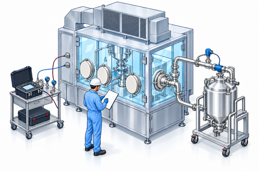 Illustrazione tecnica delle verifiche di qualifica di un sistema di contenimento farmaceutico.