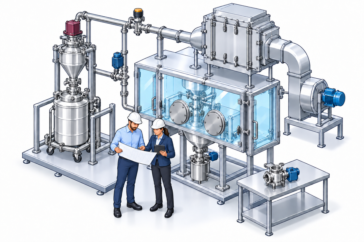 Engineers comparing supplier documentation beside integrated containment equipment