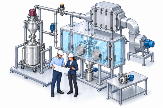 Illustrazione tecnica della valutazione di fornitori e sistemi di contenimento farmaceutico.