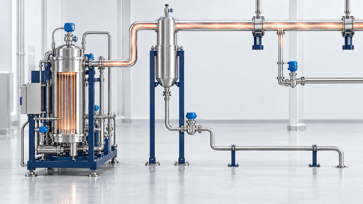 Clean steam generator with stainless header, condensate traps and point-of-use station