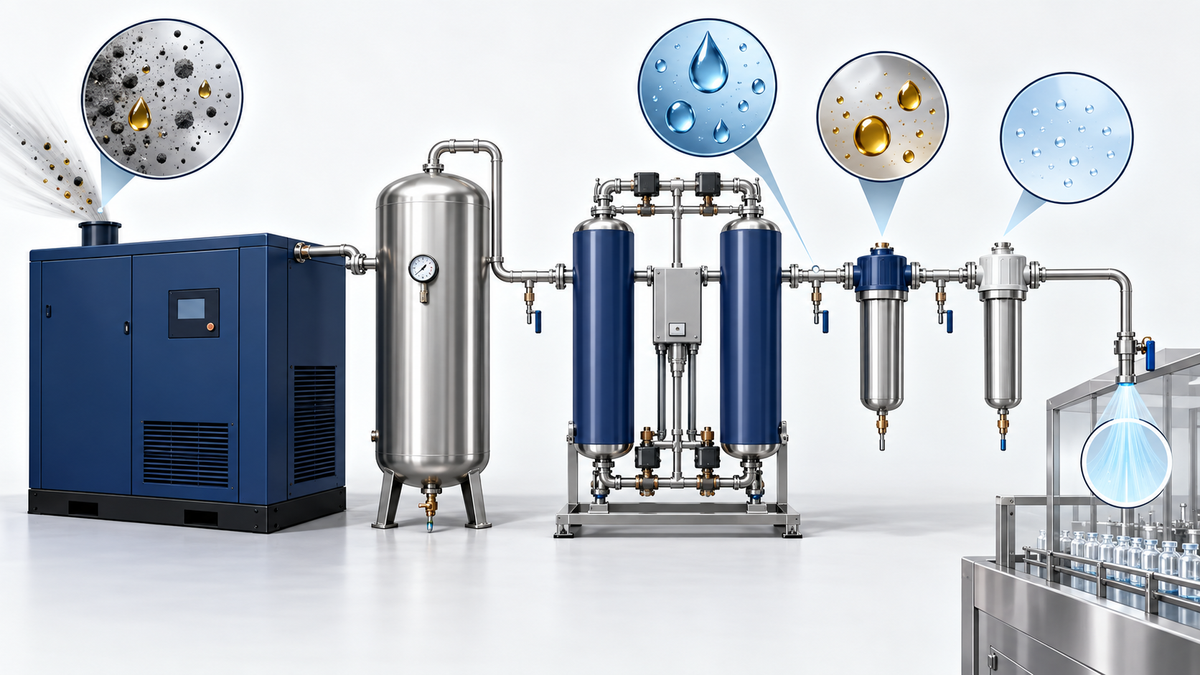 Pharmaceutical compressed air system with dryer, filters and sampling point