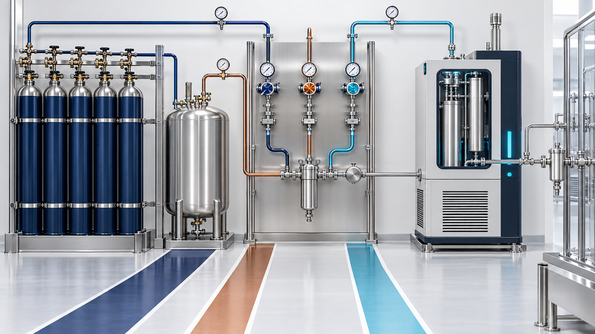 Process gas manifold with storage vessels, regulators and point-of-use filtration