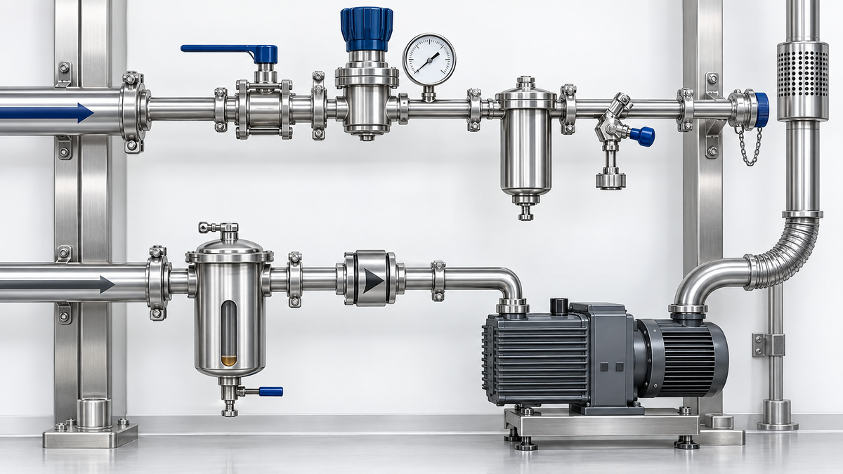 Rete tecnica di utilities con header, valvole, filtri e punti d’uso in acciaio