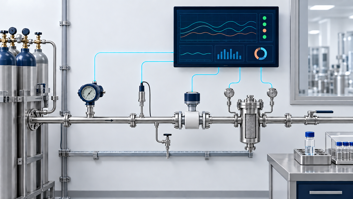 Utility monitoring panel with pressure, dew-point and flow sensors beside filtration equipment