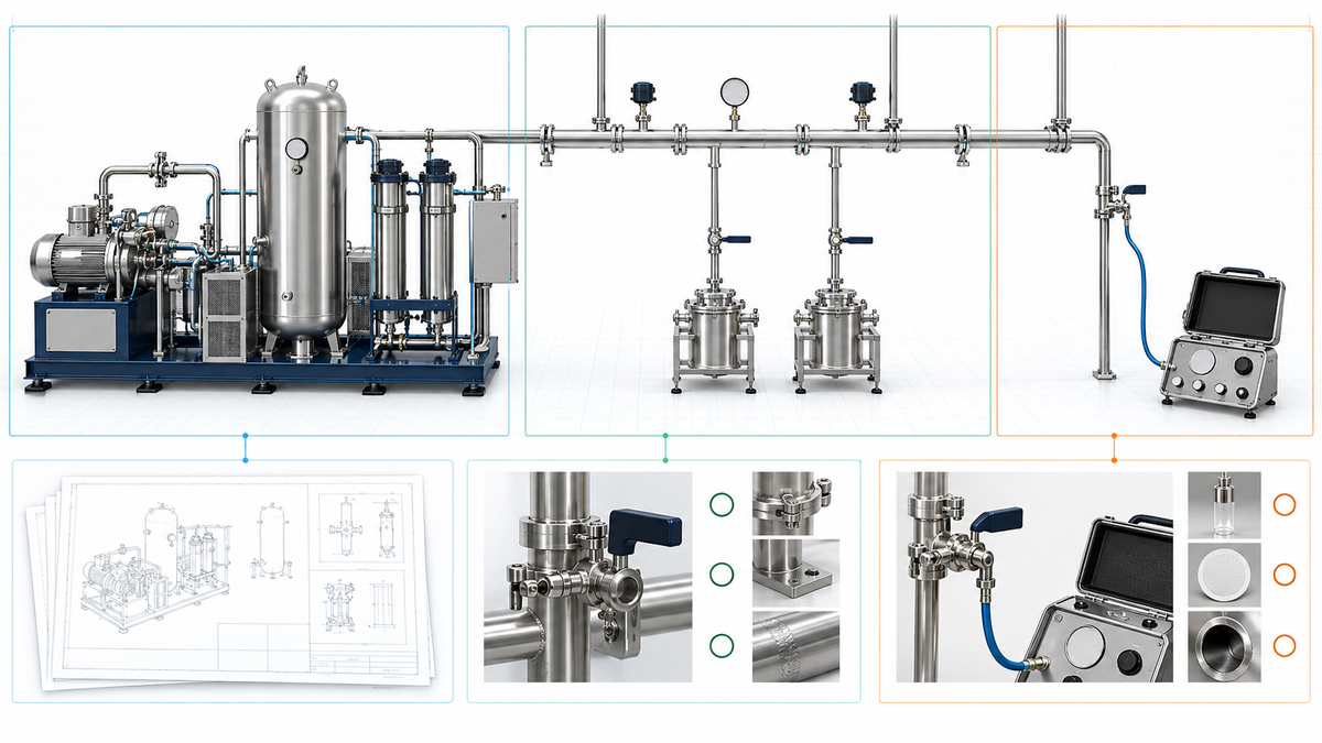 Critical utility distribution skid with sampling connections, instruments and a qualification document