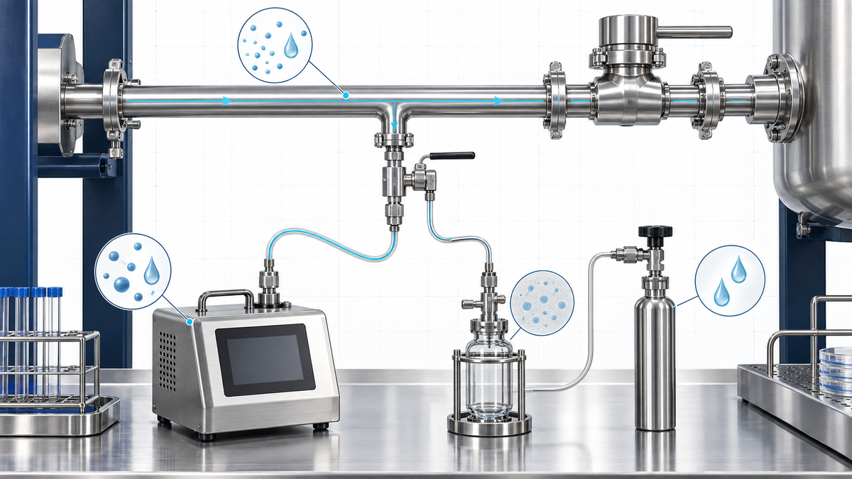Pharmaceutical gas sampling manifold with pressure reduction and analytical instruments