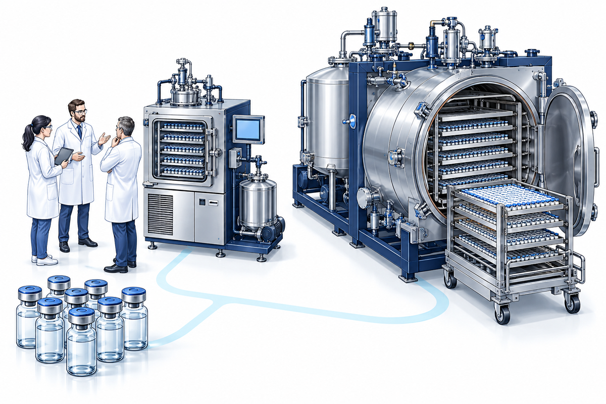 Illustration technique reliant développement pharmaceutique, flacons et stratégie de lyophilisation du laboratoire à la production.