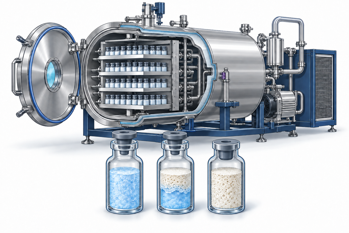 Technical illustration of freezing, primary drying and secondary drying in a pharmaceutical lyophilizer.