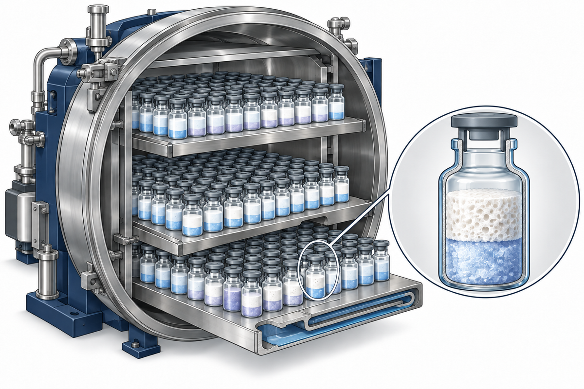 Technical illustration of heat and water-vapour transfer around vials in a pharmaceutical freeze dryer.