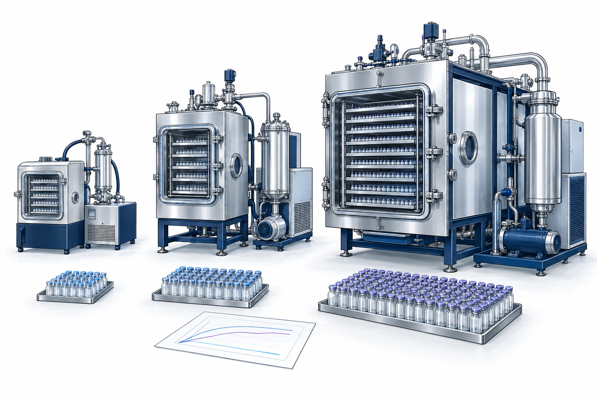 Ilustración técnica comparativa de liofilizadores farmacéuticos de laboratorio, piloto y producción con cargas de viales.