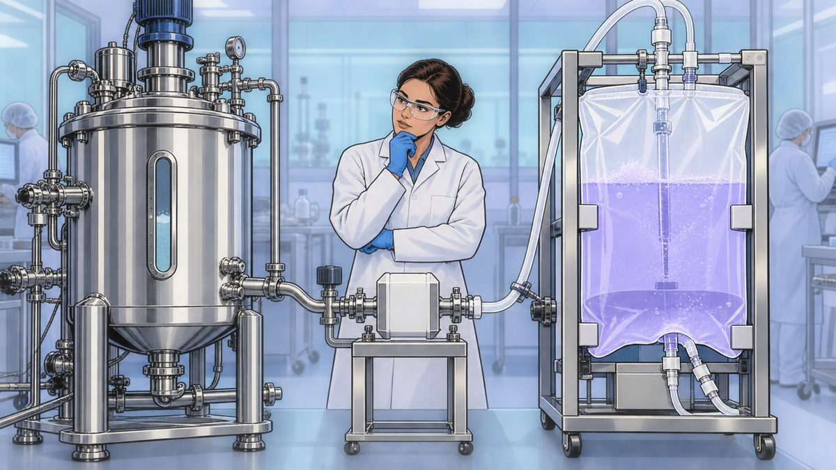 Illustration en bande dessinée moderne comparant des architectures single-use et en acier inoxydable