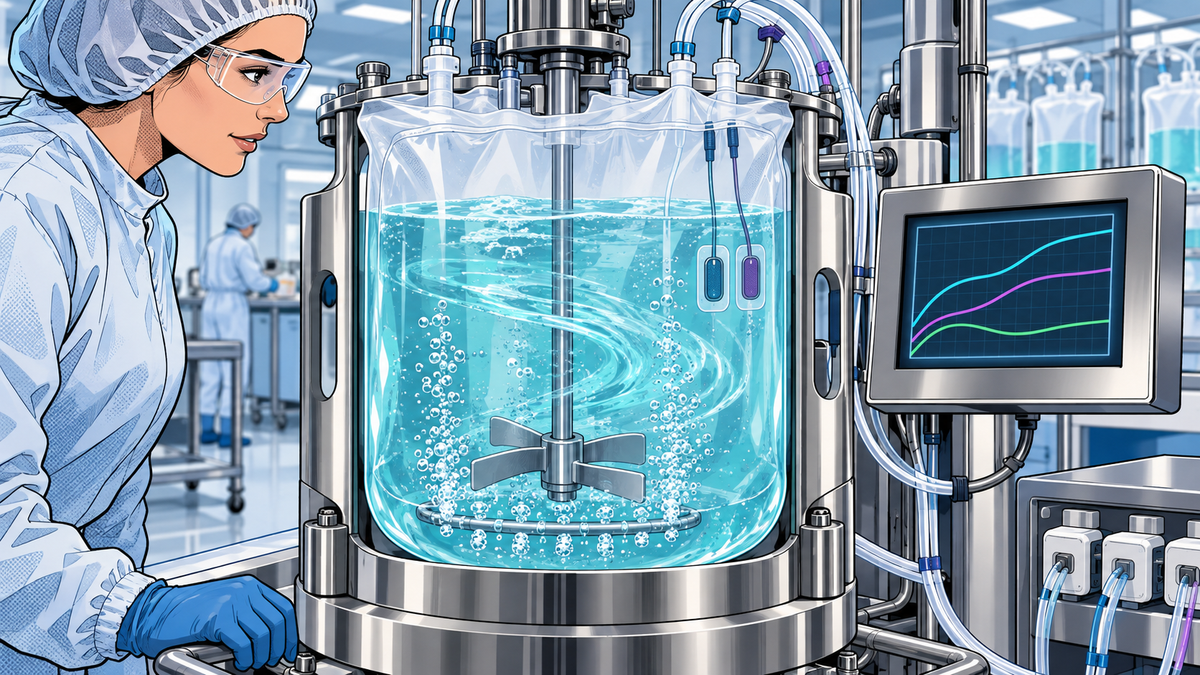 Ilustración de cómic moderno de un biorreactor single-use con transferencia de gases y control del proceso