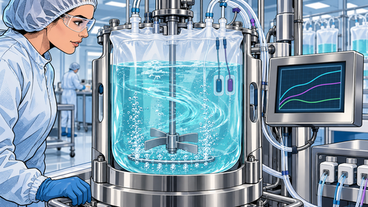Illustrazione a fumetto moderno di un bioreattore single-use con trasferimento dei gas e controllo del processo