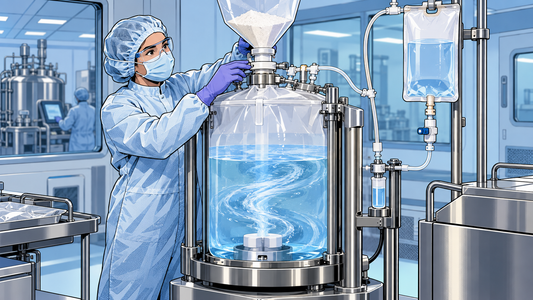 Illustrazione a fumetto moderno di un mixer single-use per media e buffer con aggiunta controllata di polveri