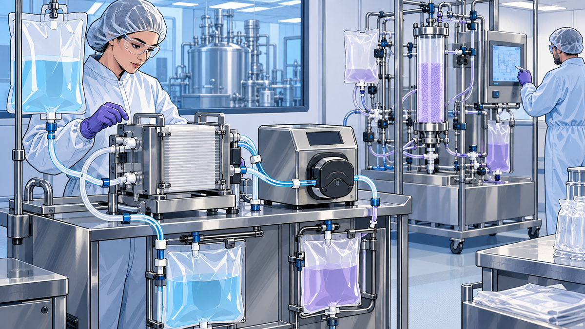 Illustration de bande dessinée moderne d’un circuit TFF jetable avec filtres, poches de tampon et interface chromatographique