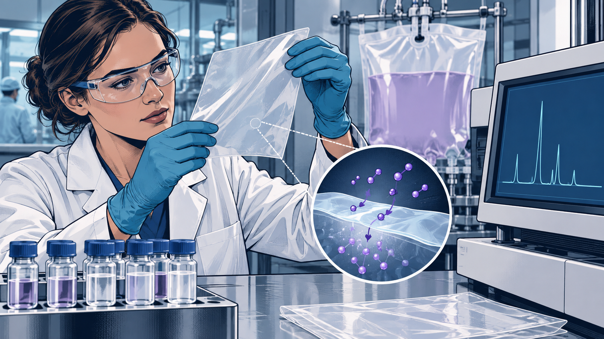Ilustración de cómic moderno de película polimérica, tubos y evaluación química desde el proceso hasta el paciente