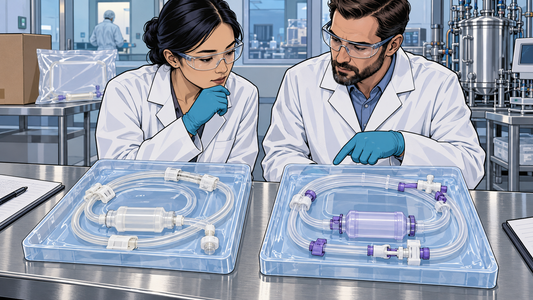Illustrazione a fumetto moderno del confronto tra revisioni di materiali single-use e documenti del fornitore
