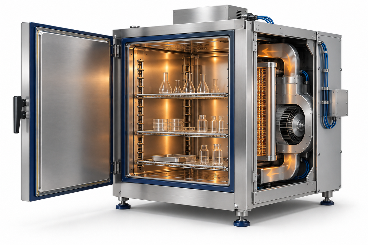 Cutaway of a pharmaceutical dry heat oven showing airflow and its load