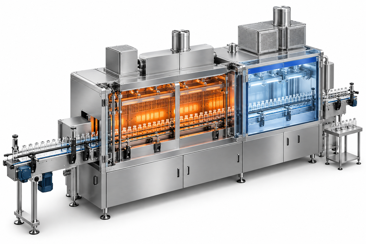 Pharmaceutical depyrogenation tunnel with glass vials on a conveyor belt