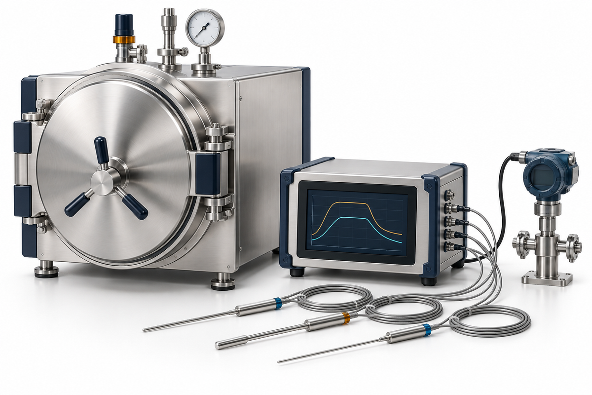Temperature recorder and measurement leads for monitoring a sterilization cycle