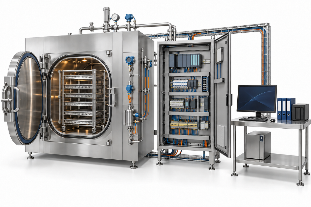 Control cabinet and operator interface for an automated pharmaceutical sterilization system