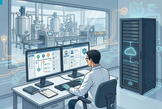 Illustrazione editoriale GuideGxP a colori sul tema GMP: revisione Annex 11 e sistemi computerizzati con audit trail e cloud.