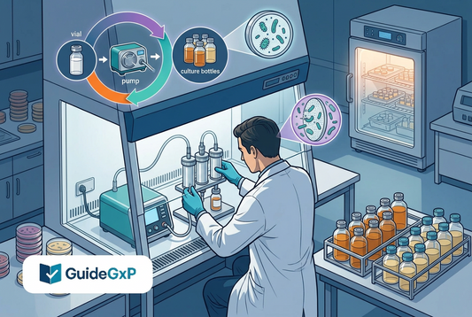 Illustrazione editoriale GuideGxP a colori sul tema GMP: test di sterilità secondo farmacopea in laboratorio di microbiologia QC.