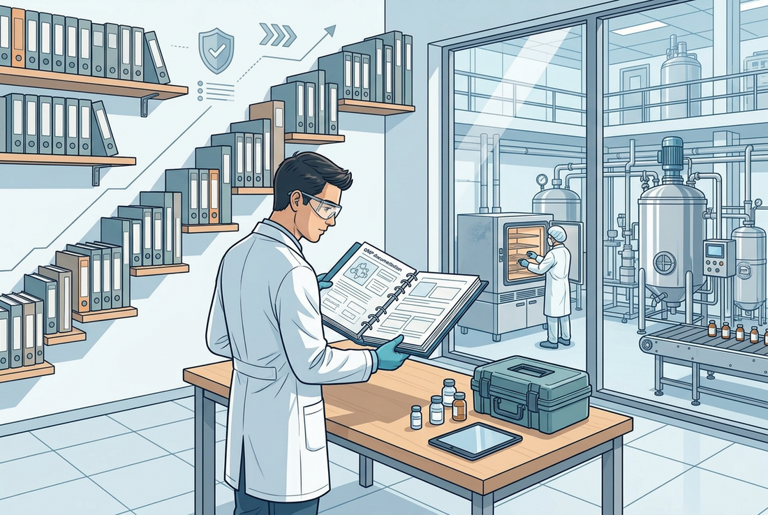 Illustrazione editoriale GuideGxP a colori sul tema GMP: come diventare Quality Assurance nel settore farmaceutico.