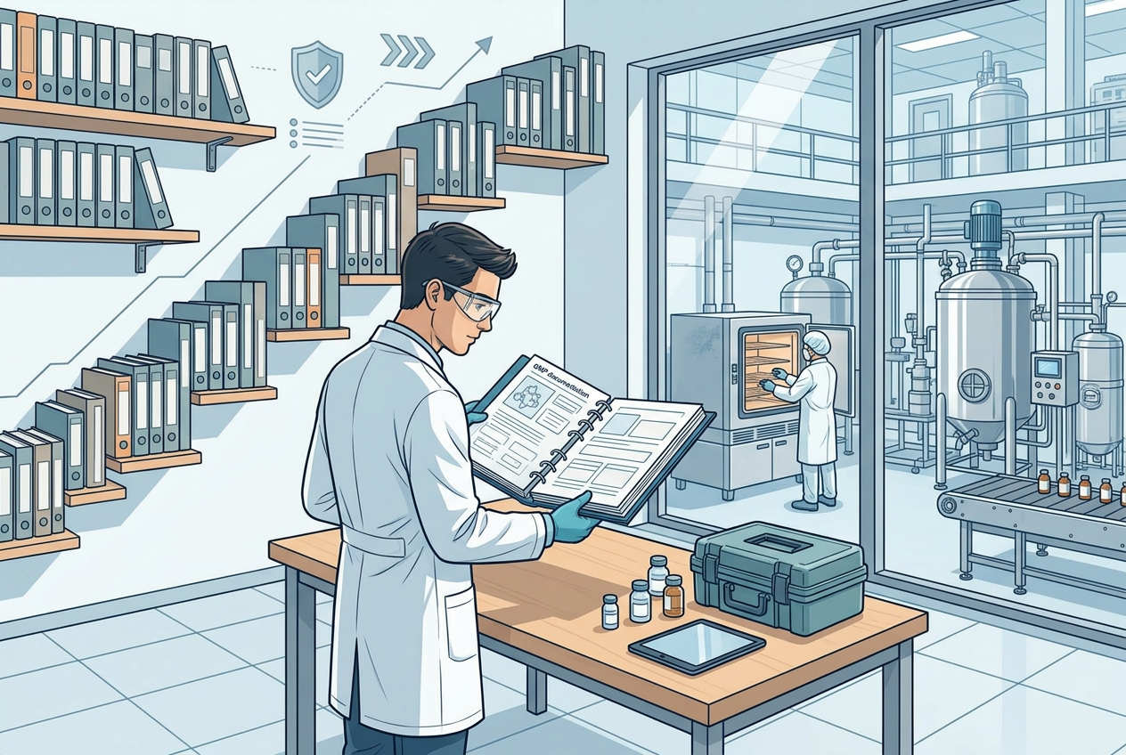 Illustrazione editoriale GuideGxP a colori sul tema GMP: come diventare Quality Assurance nel settore farmaceutico.
