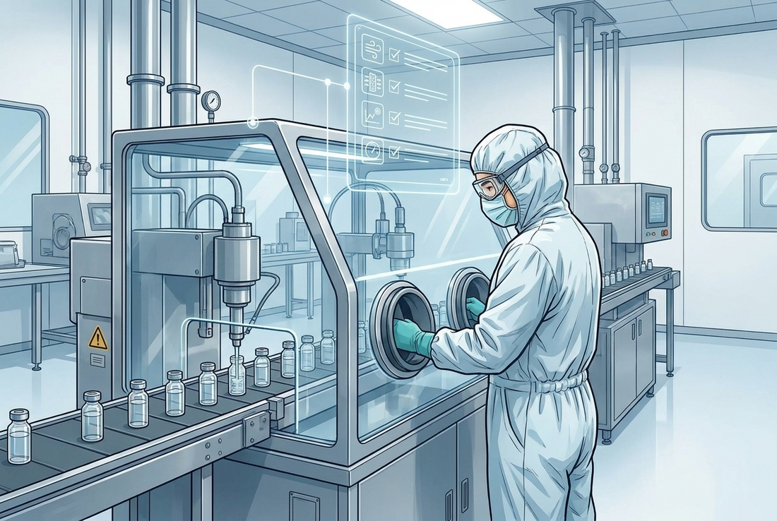 Illustrazione editoriale GuideGxP a colori sul tema GMP: Annex 1 e produzione sterile con isolatore, vial e operatore in camice sterile.