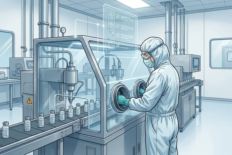Illustrazione editoriale GuideGxP a colori sul tema GMP: Annex 1 e produzione sterile con isolatore, vial e operatore in camice sterile.