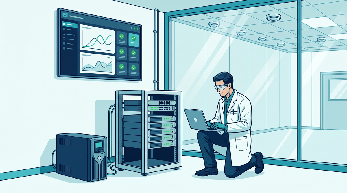 Illustrazione dell'infrastruttura di un sistema di monitoraggio ambientale: rete, alimentazione, gruppo di continuità e server