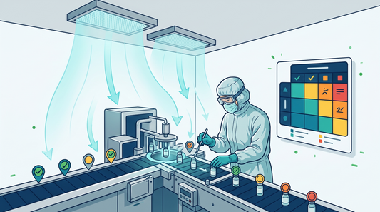 Illustrazione editoriale GuideGxP: selezione risk-based dei punti di campionamento per l'Environmental Monitoring in cleanroom, con flussi d'aria, zona critica e matrice di rischio.