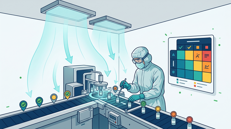 Illustrazione editoriale GuideGxP: selezione risk-based dei punti di campionamento per l'Environmental Monitoring in cleanroom, con flussi d'aria, zona critica e matrice di rischio.