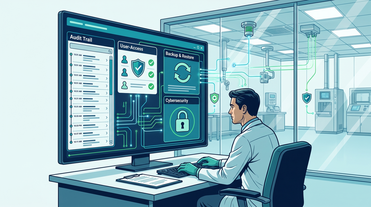 Illustrazione della gestione del software di un Environmental Monitoring System: utenti, audit trail e integrità dei dati